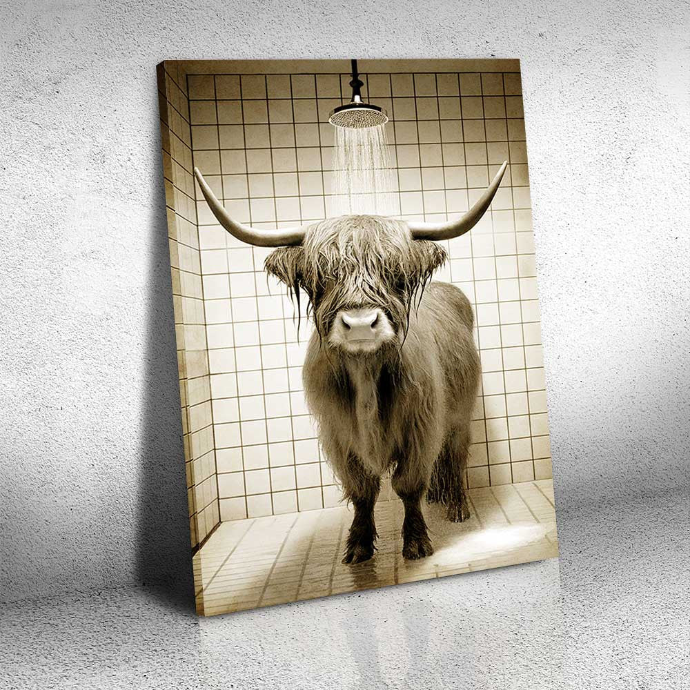 Highland Cow In Bathroom Canvas Wall Art – Funny Bathroom Decor