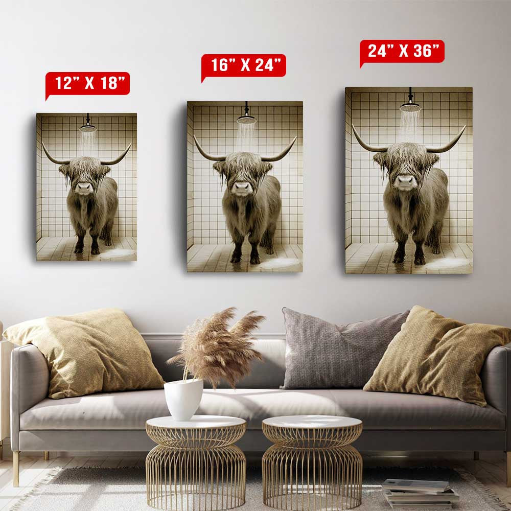 Highland Cow In Bathroom Canvas Wall Art – Funny Bathroom Decor