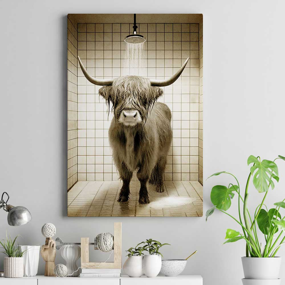 Highland Cow In Bathroom Canvas Wall Art – Funny Bathroom Decor