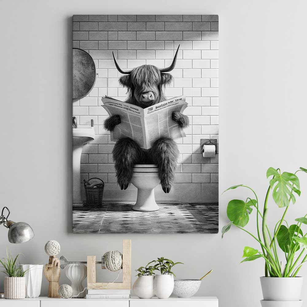 Highland Cow Reading Newspaper Bathroom Canvas Wall Art – Funny Bathroom Decor