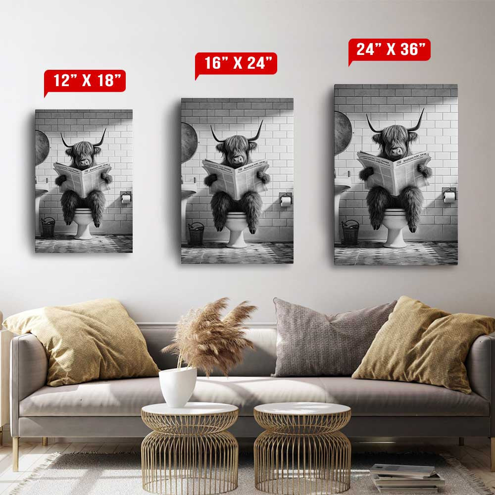 Highland Cow Reading Newspaper Bathroom Canvas Wall Art – Funny Bathroom Decor