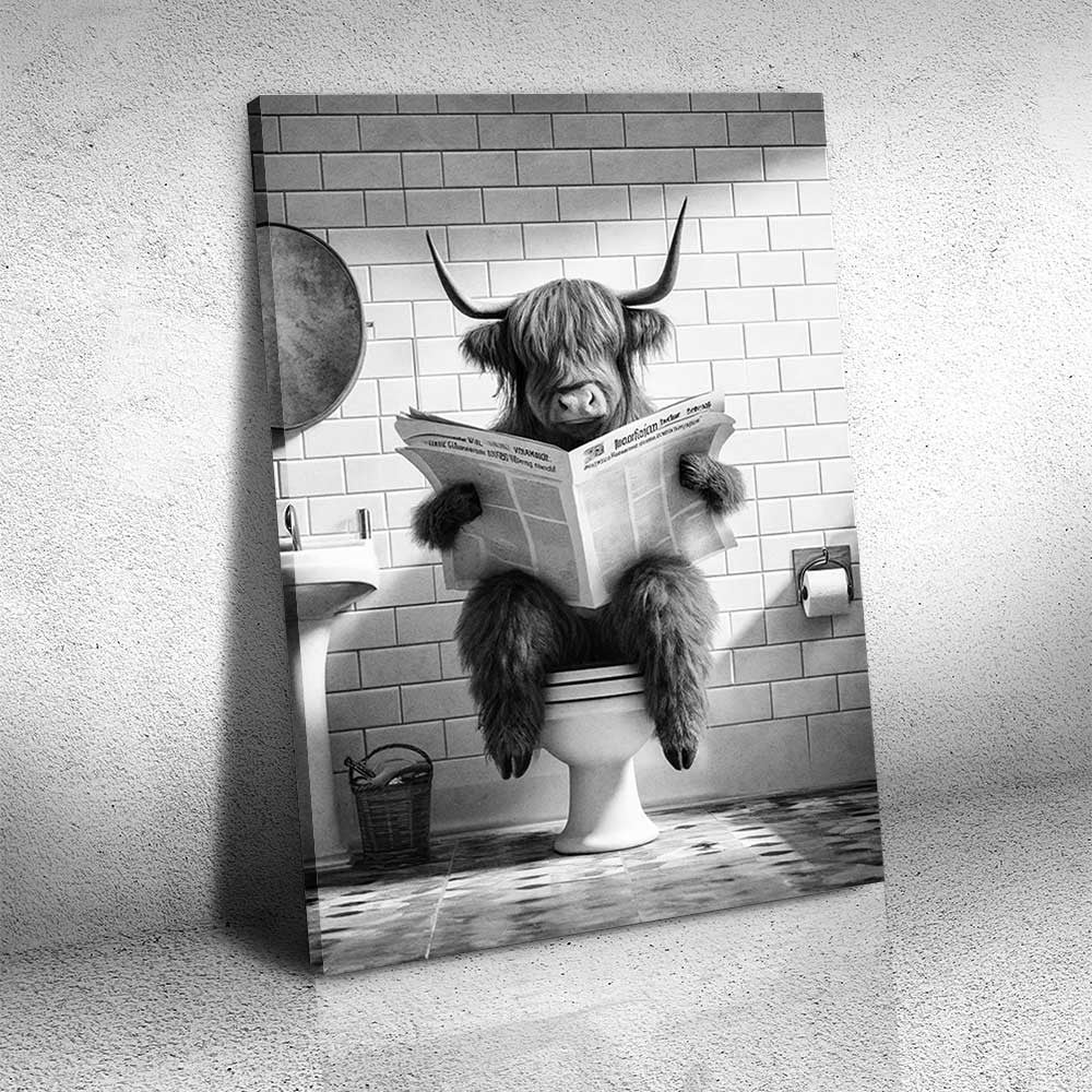 Highland Cow Reading Newspaper Bathroom Canvas Wall Art – Funny Bathroom Decor