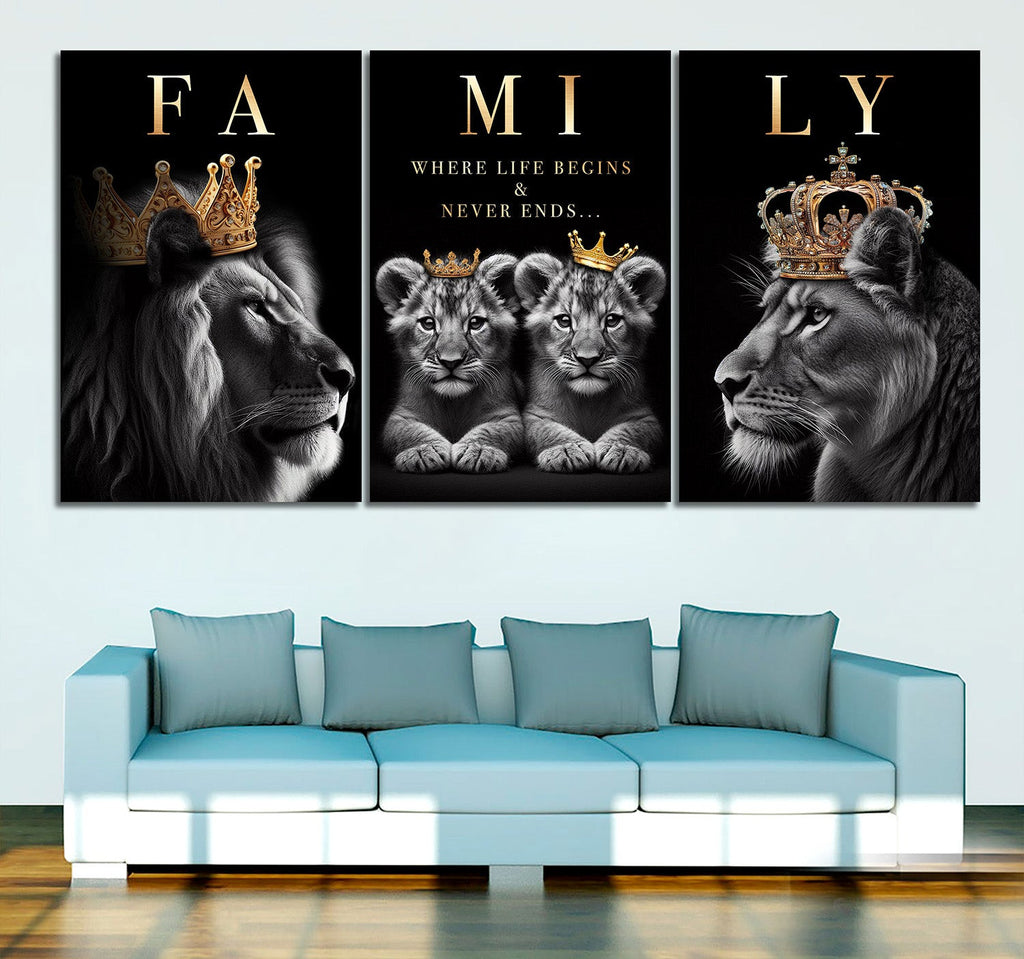Lion Family Where Life Begins Set of 3 Canvas Wall Art – Family Home Decor