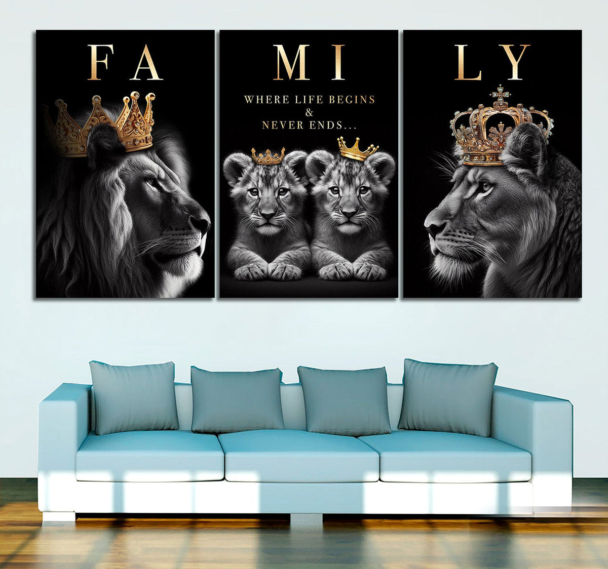 Lion Family Where Life Begins Set of 3 Canvas Wall Art – Family Home Decor