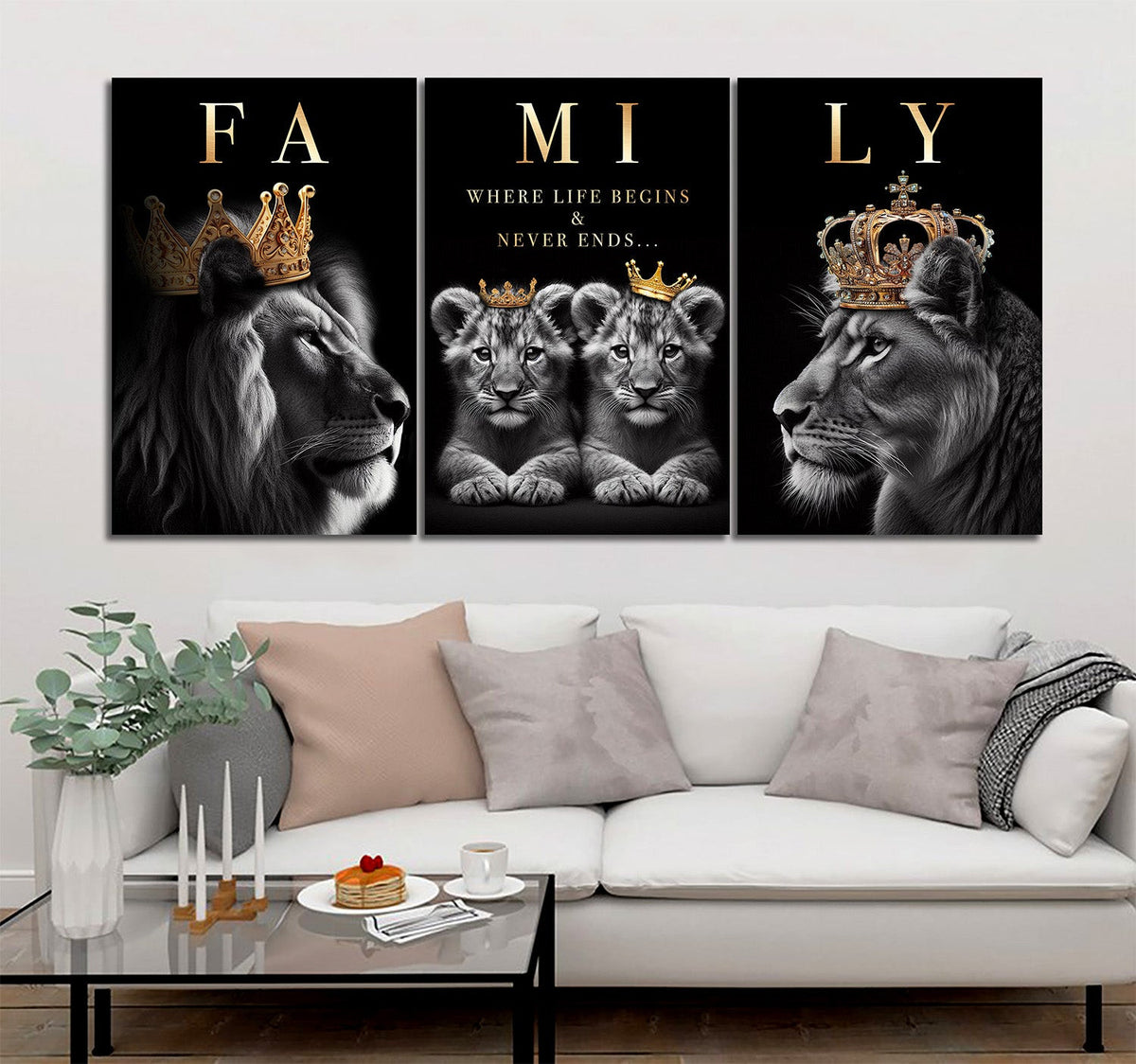 Lion Family Where Life Begins Set of 3 Canvas Wall Art – Family Home Decor