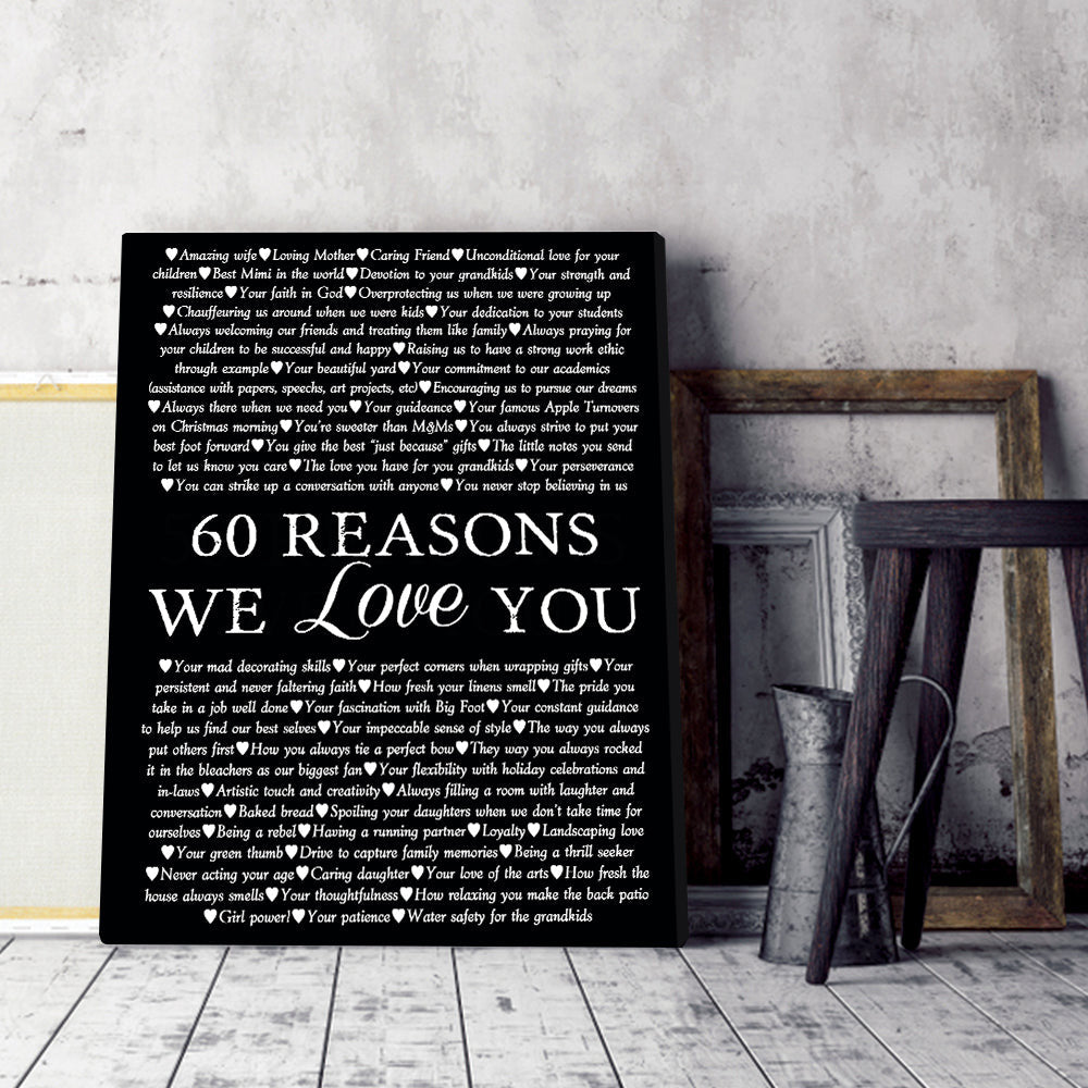 Personalized Birthday Gift 60 Reasons We Love You Canvas Wall Art – 60th Birthday Gift
