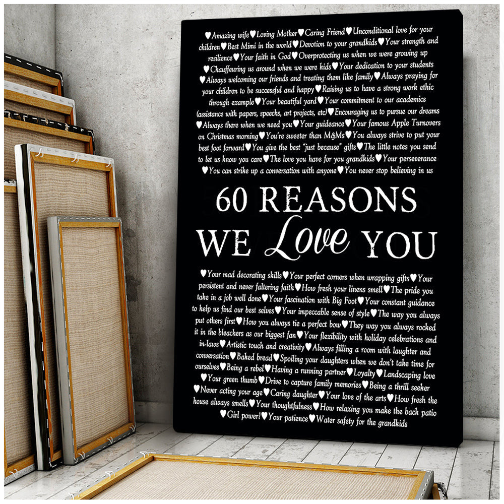 Personalized Birthday Gift 60 Reasons We Love You Canvas Wall Art – 60th Birthday Gift