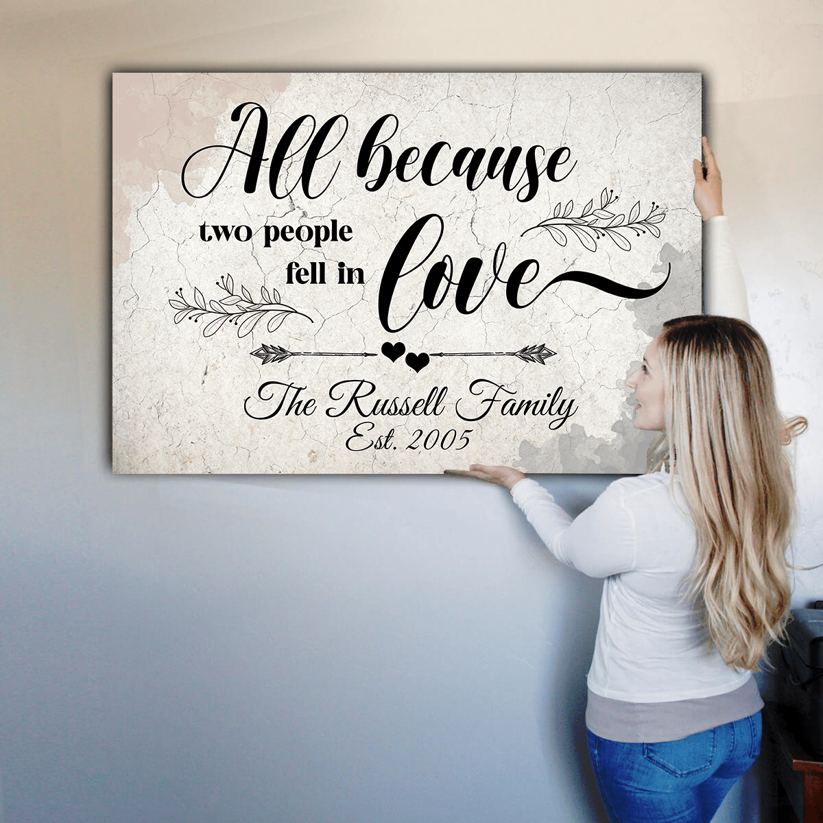 Personalized Family Name And Year All Because Two People Fell In Love Canvas Wall Art – Family Home Decor