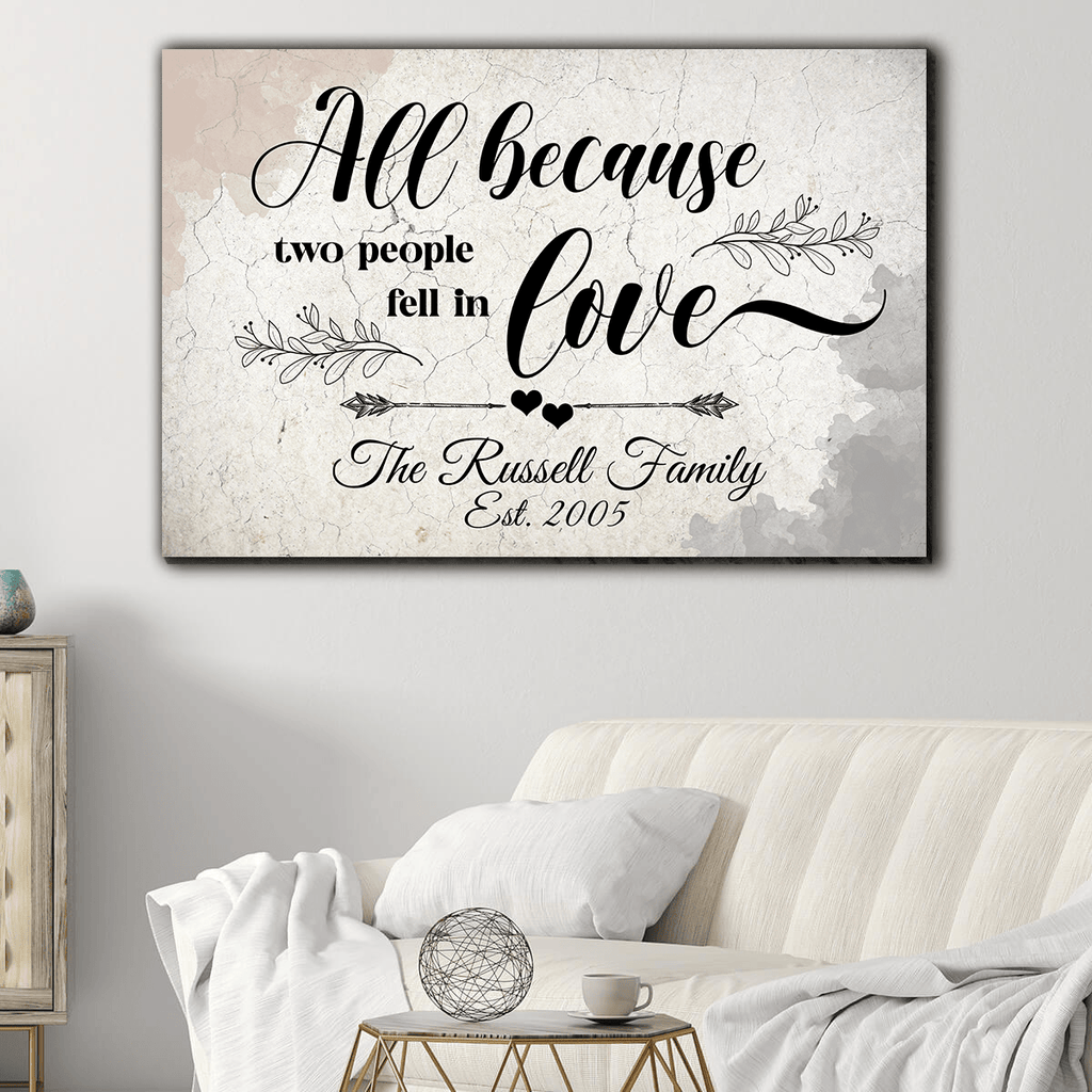 Personalized Family Name And Year All Because Two People Fell In Love Canvas Wall Art – Family Home Decor