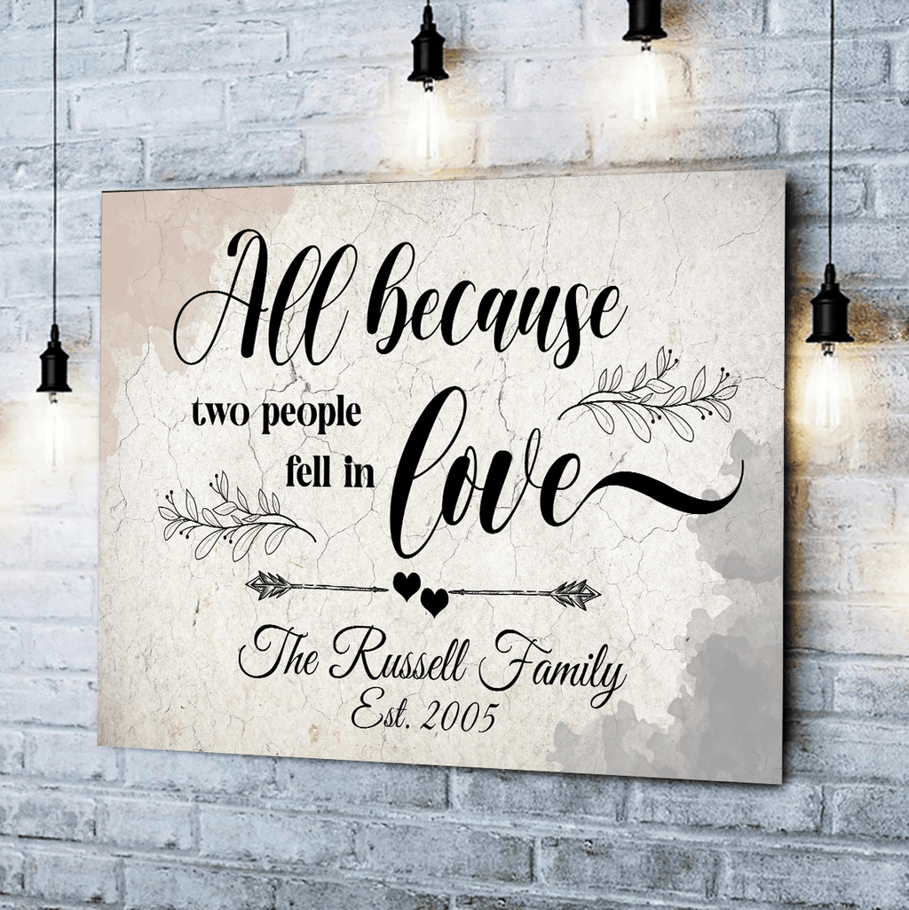 Personalized Family Name And Year All Because Two People Fell In Love Canvas Wall Art – Family Home Decor