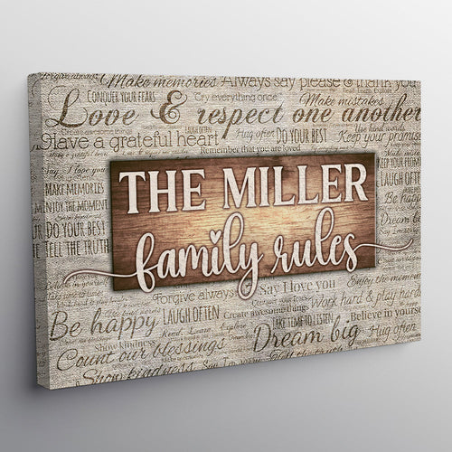 Personalized Family Rules Rustic Wood Canvas Wall Art – Family Home Decor