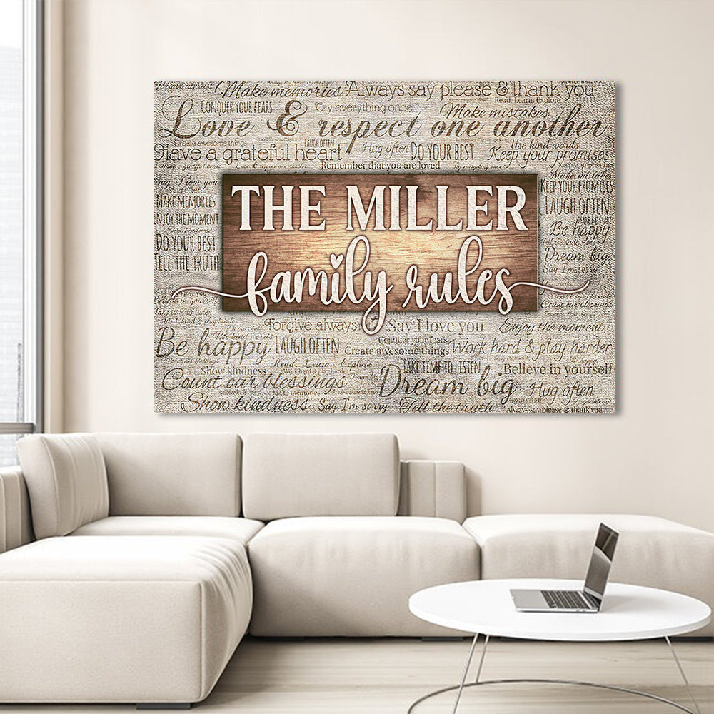 Personalized Family Rules Rustic Wood Canvas Wall Art – Family Home Decor
