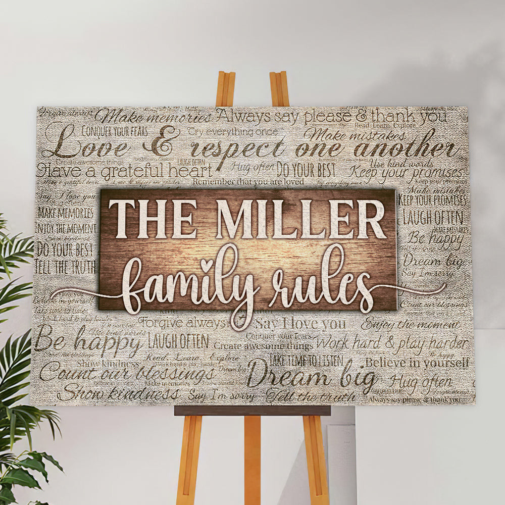 Personalized Family Rules Rustic Wood Canvas Wall Art – Family Home Decor