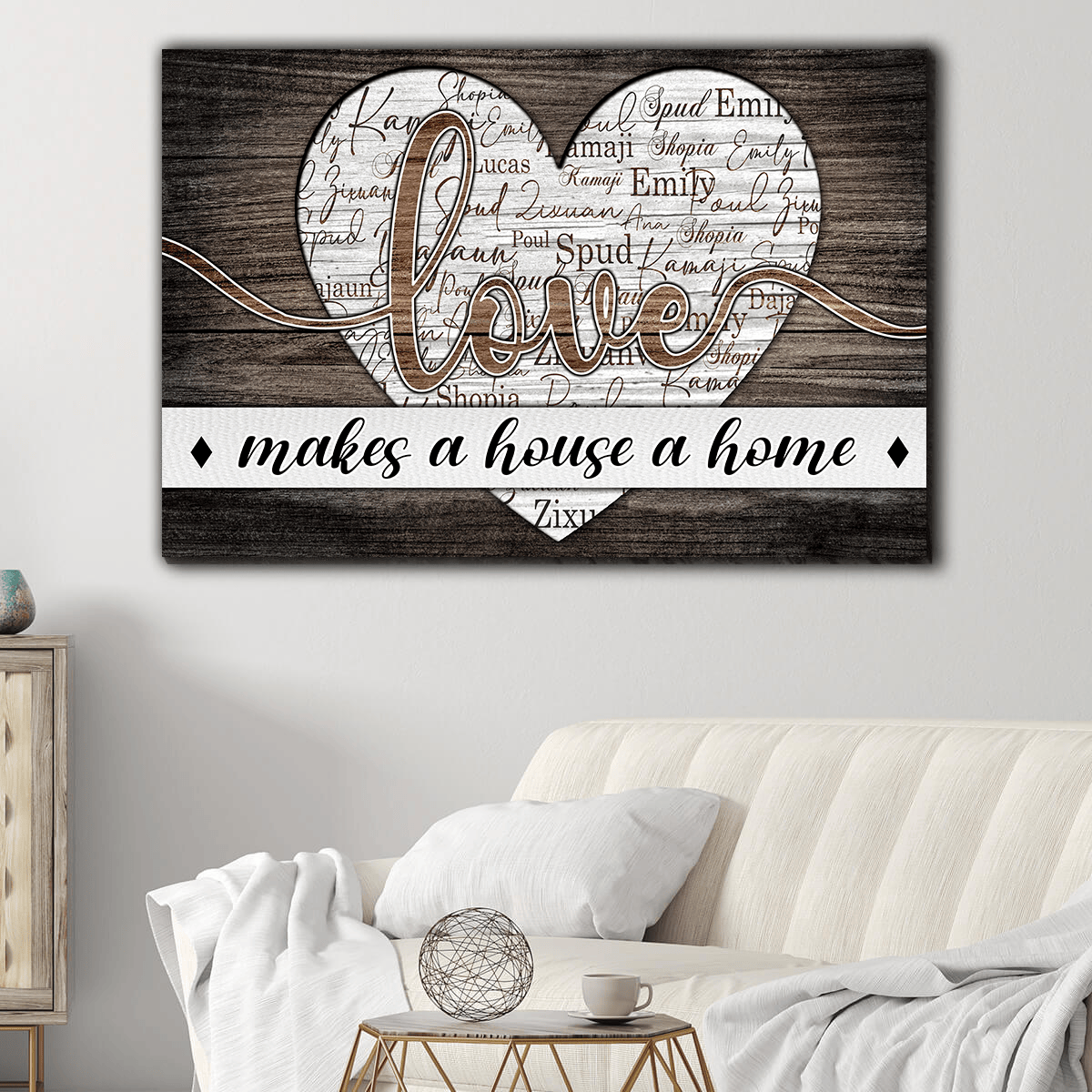 Personalized Names Love Makes A House A Home Canvas Wall Art – Family Home Decor
