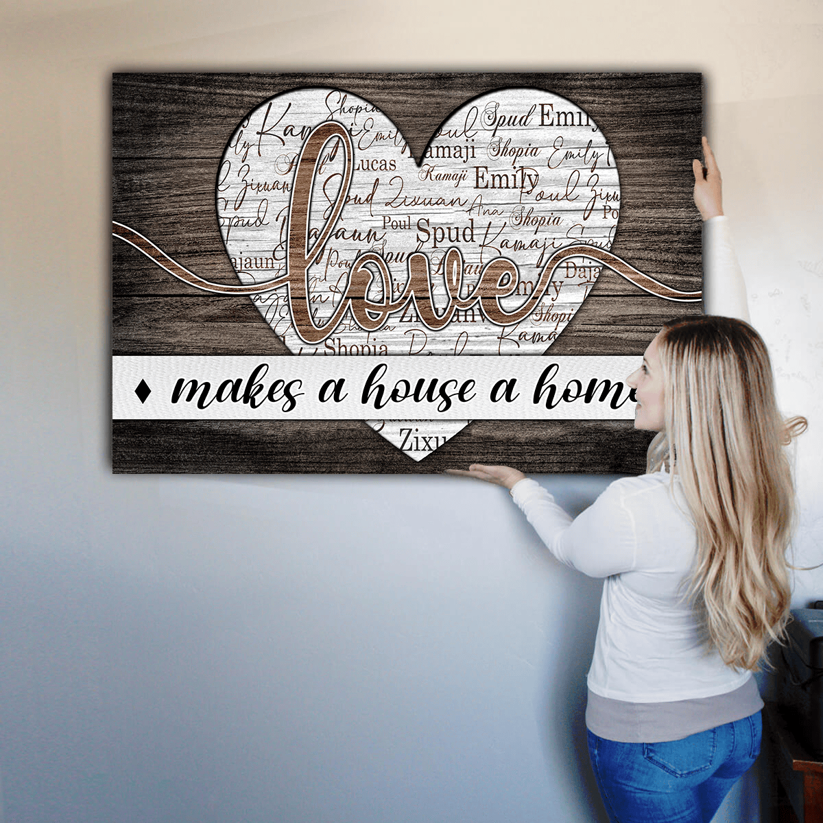 Personalized Names Love Makes A House A Home Canvas Wall Art – Family Home Decor