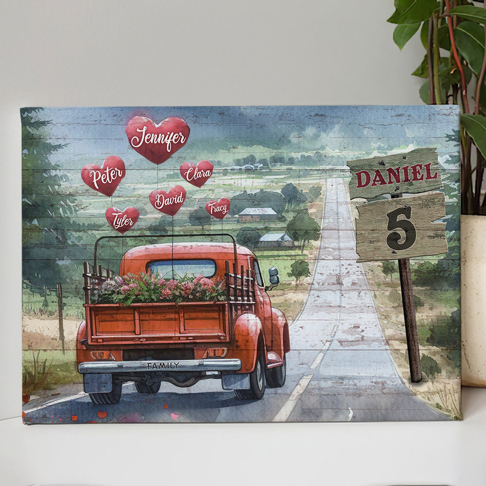 Personalized Names On Hearts Pickup Truck Family Canvas Wall Art – Family Home Decor