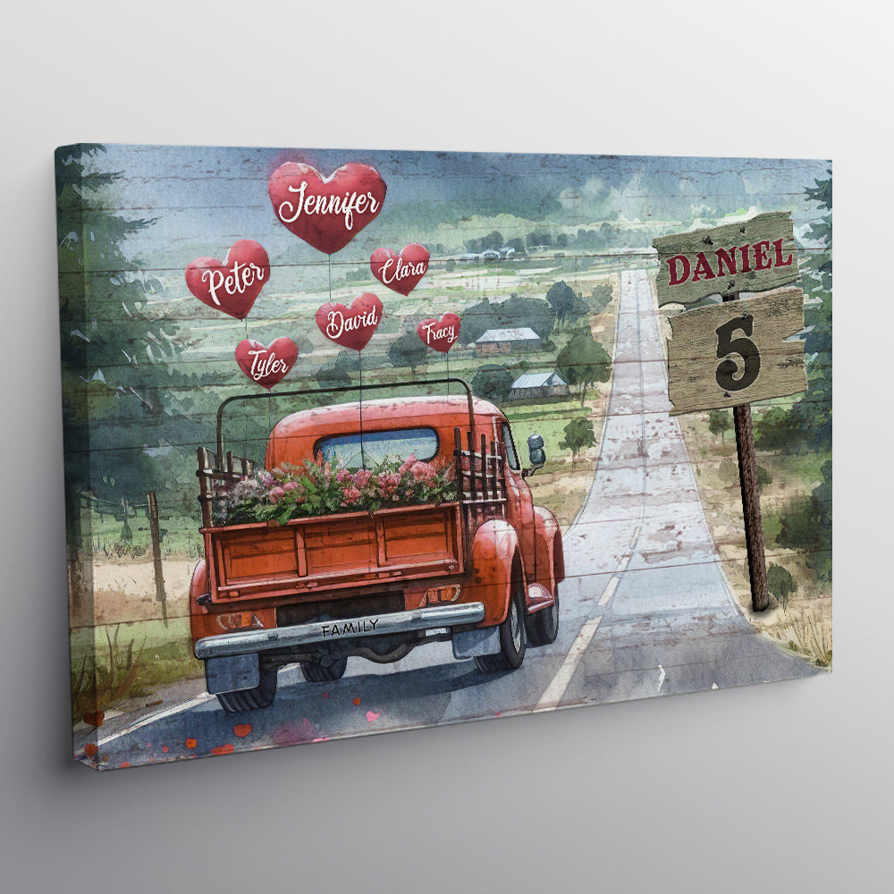 Personalized Names On Hearts Pickup Truck Family Canvas Wall Art – Family Home Decor