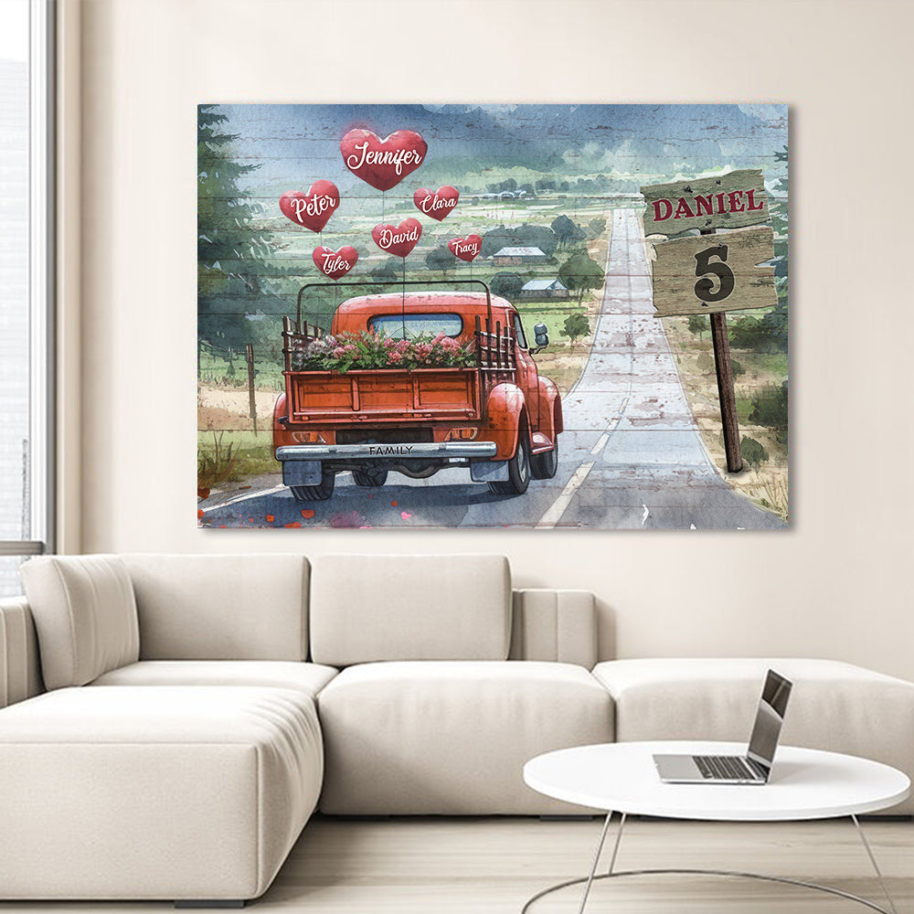 Personalized Names On Hearts Pickup Truck Family Canvas Wall Art – Family Home Decor
