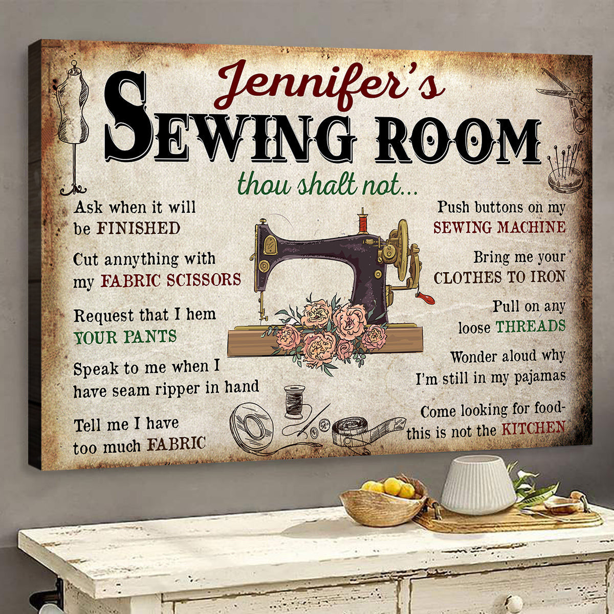 Personalized Sewing Room Thou Shall Not Canvas Wall Art – Sewing Room Decor