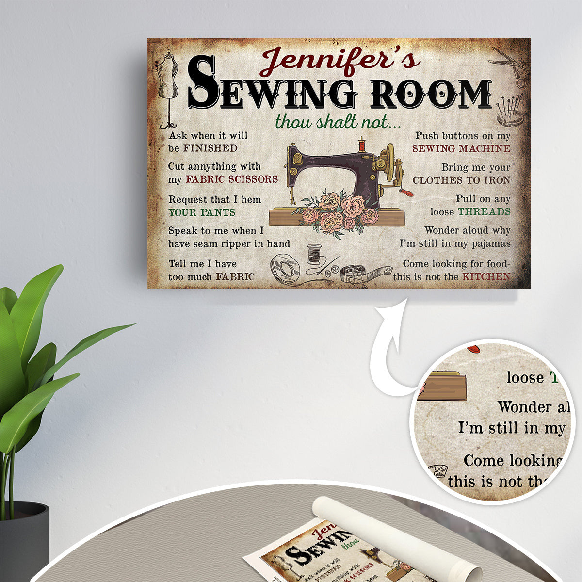 Personalized Sewing Room Thou Shall Not Canvas Wall Art – Sewing Room Decor