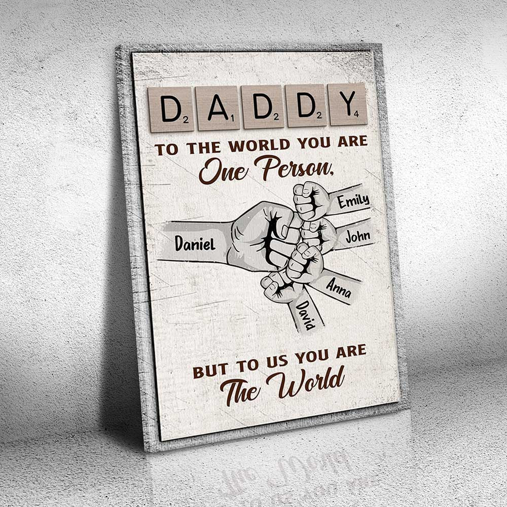 Personalized To The World Dad And Baby Hand Canvas Wall Art – Gift for Dad