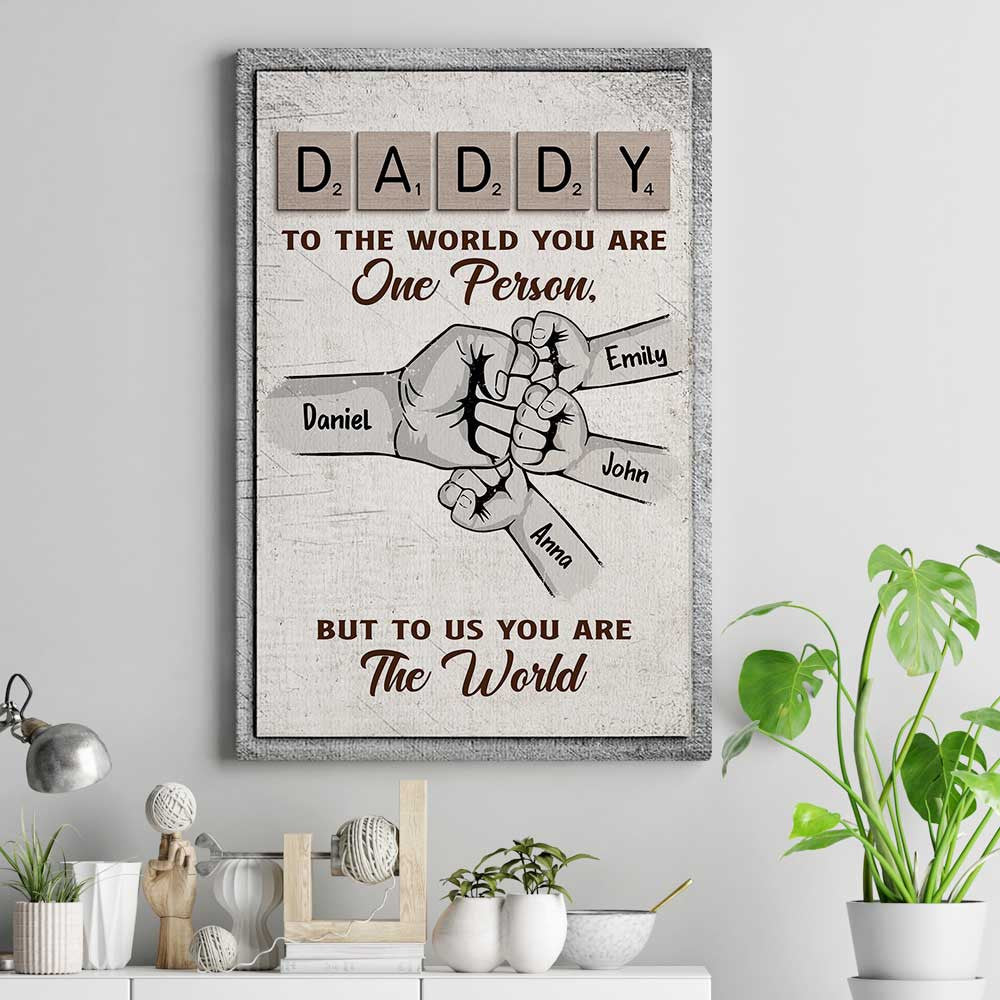 Personalized To The World Dad And Baby Hand Canvas Wall Art – Gift for Dad