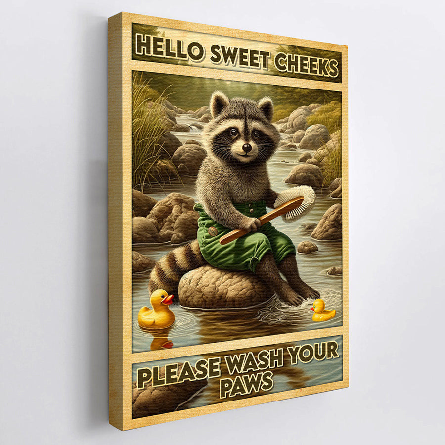 Please Wash Your Paw Bathroom Raccoon Canvas Wall Art – Funny Bathroom Decor