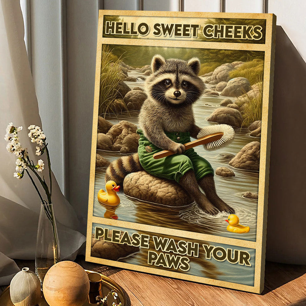 Please Wash Your Paw Bathroom Raccoon Canvas Wall Art – Funny Bathroom Decor