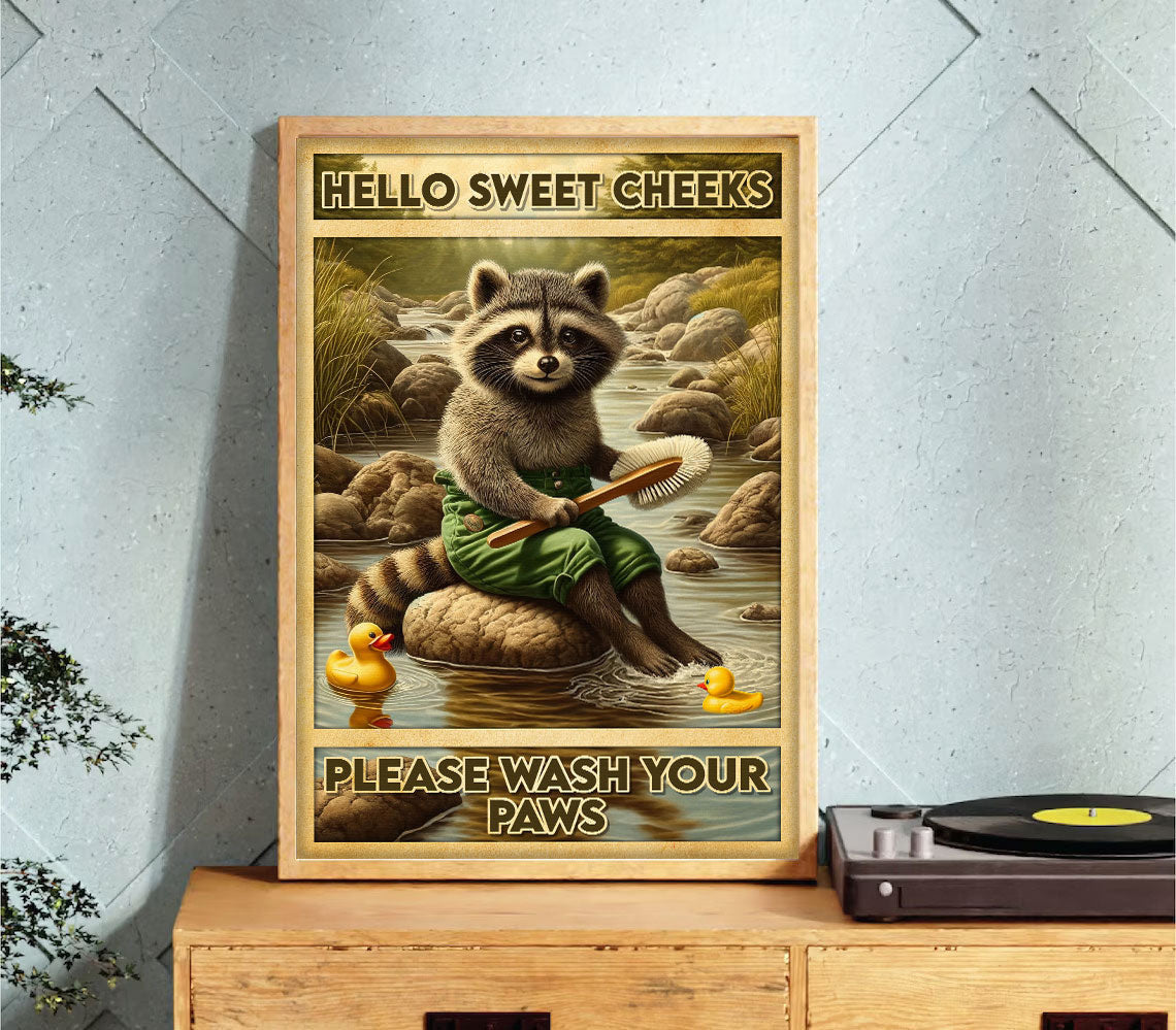 Please Wash Your Paw Bathroom Raccoon Canvas Wall Art – Funny Bathroom Decor