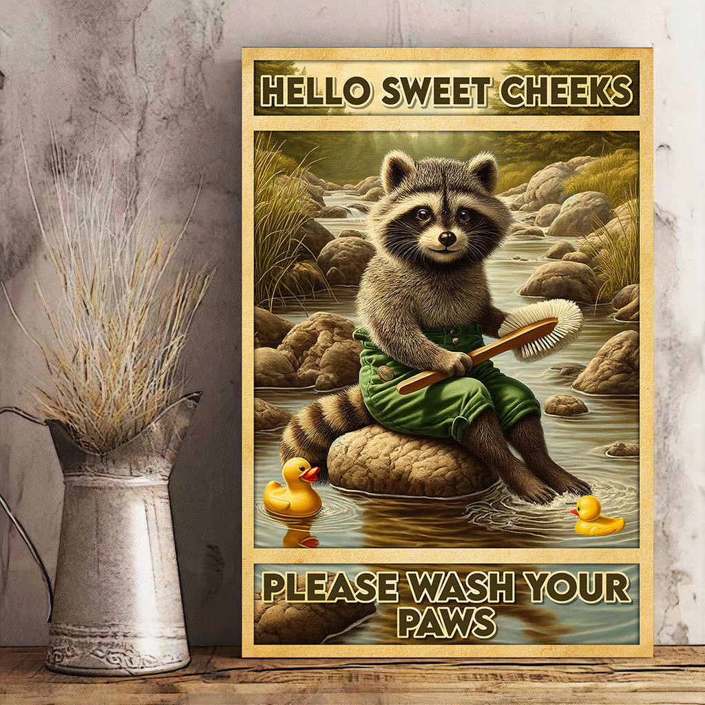Please Wash Your Paw Bathroom Raccoon Canvas Wall Art – Funny Bathroom Decor