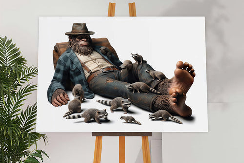 Primitive Chimpanzees Sasquatch and Raccoon Funny Canvas Wall Art – Funny Animal Wall Art