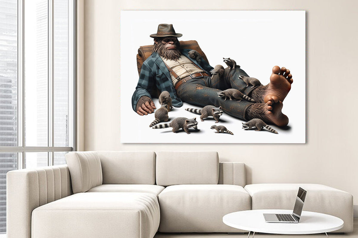 Primitive Chimpanzees Sasquatch and Raccoon Funny Canvas Wall Art – Funny Animal Wall Art