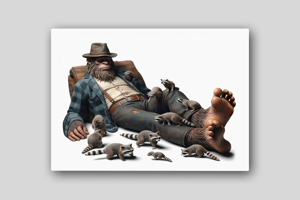 Primitive Chimpanzees Sasquatch and Raccoon Funny Canvas Wall Art – Funny Animal Wall Art