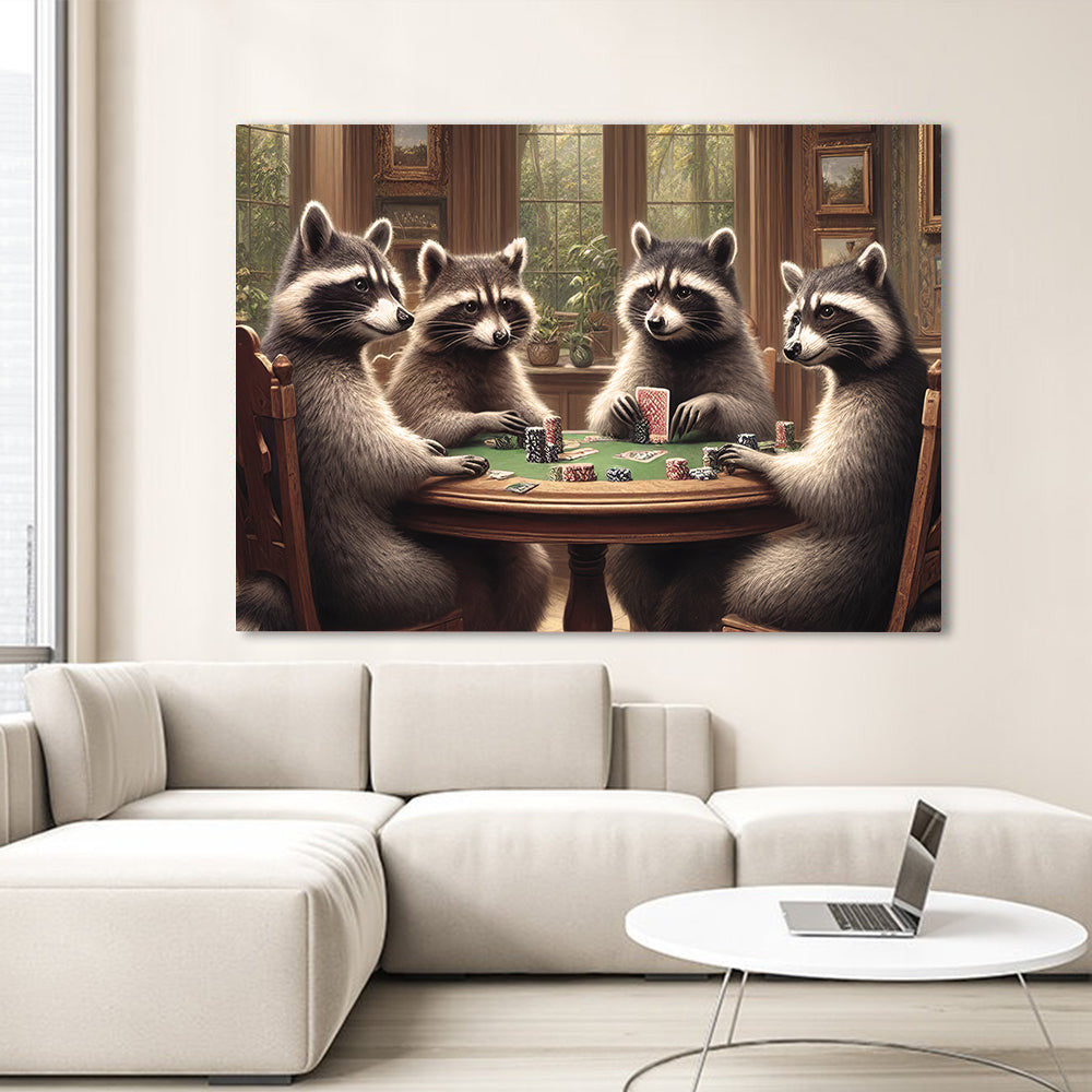Raccoon Playing Poker Game Funny Canvas Wall Art – Funny Game Room Decor