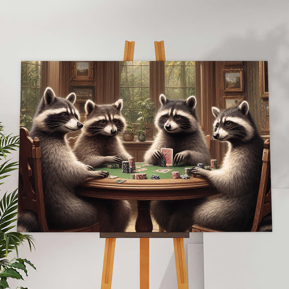 Raccoon Playing Poker Game Funny Canvas Wall Art – Funny Game Room Decor