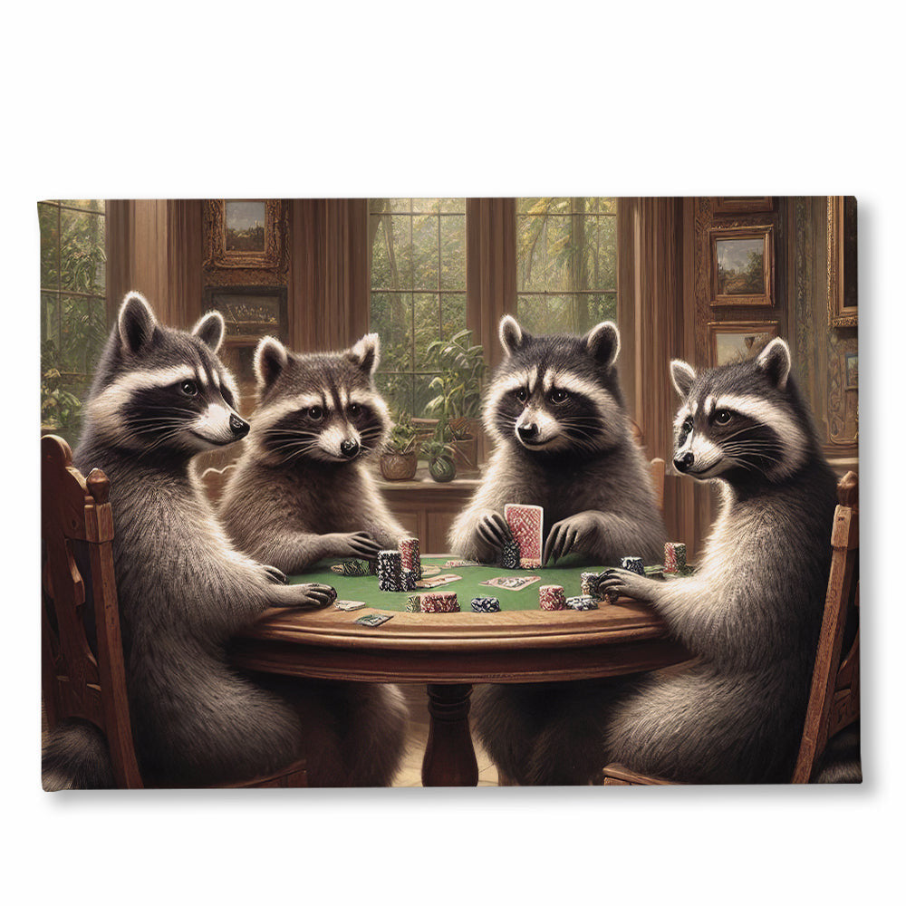 Raccoon Playing Poker Game Funny Canvas Wall Art – Funny Game Room Decor