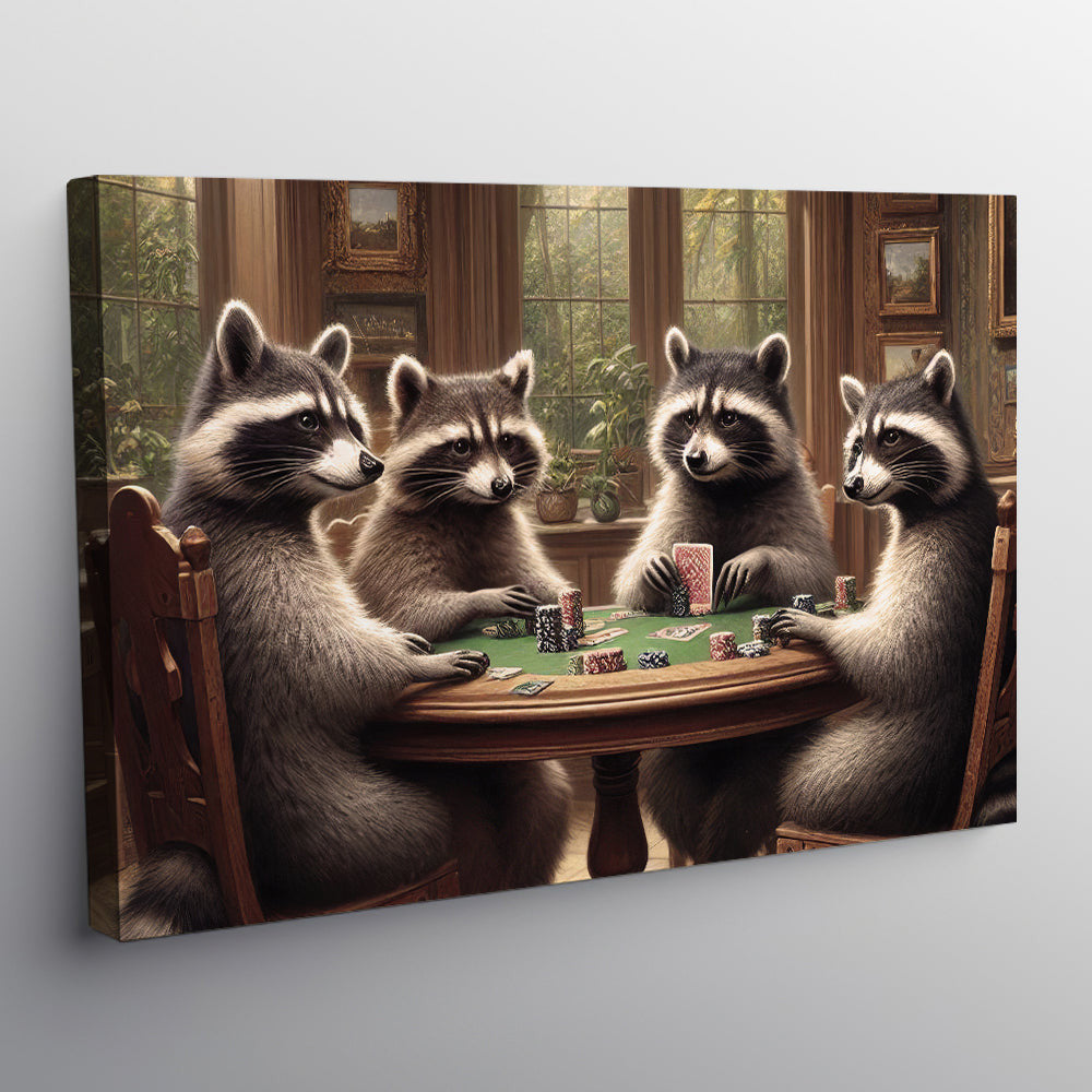 Raccoon Playing Poker Game Funny Canvas Wall Art – Funny Game Room Decor