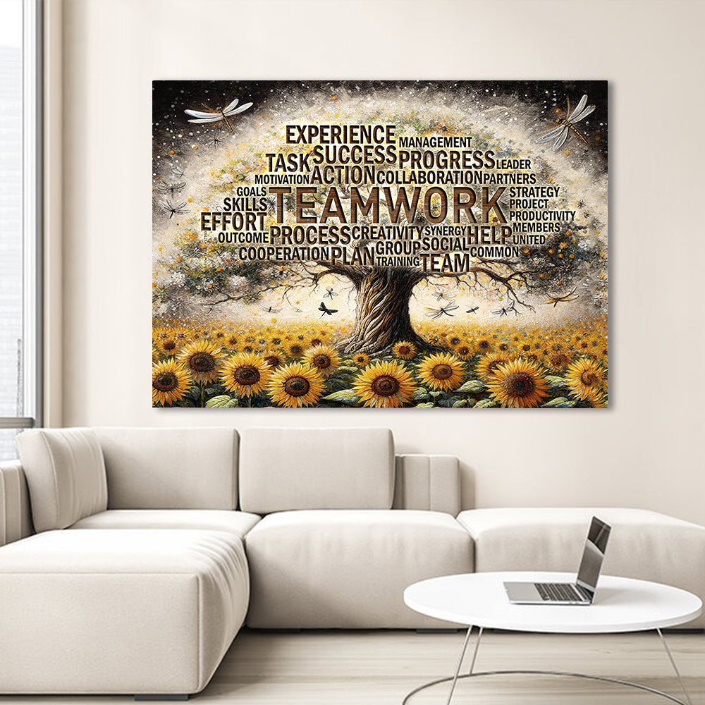 Teamwork Tree Office with Motivational Quotes and Sunflower Canvas Wall Art – Motivational Office Decor