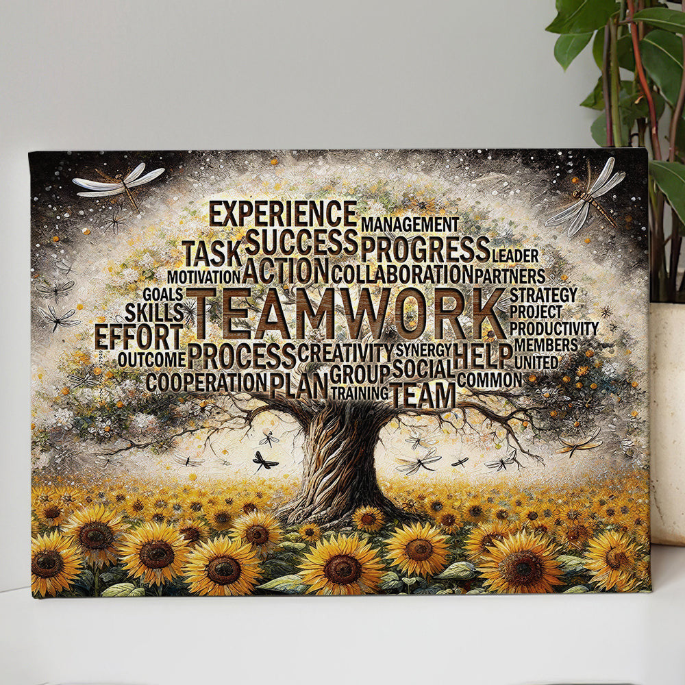 Teamwork Tree Office with Motivational Quotes and Sunflower Canvas Wall Art – Motivational Office Decor