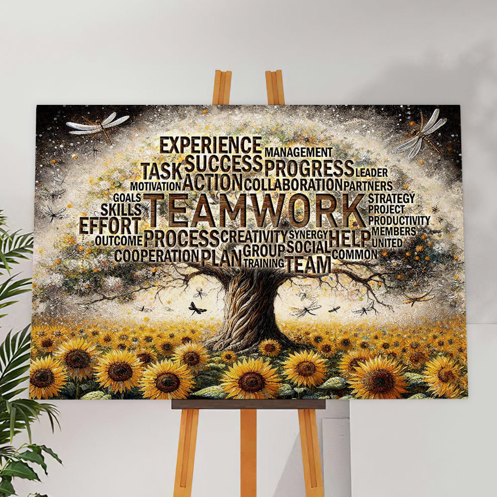 Teamwork Tree Office with Motivational Quotes and Sunflower Canvas Wall Art – Motivational Office Decor