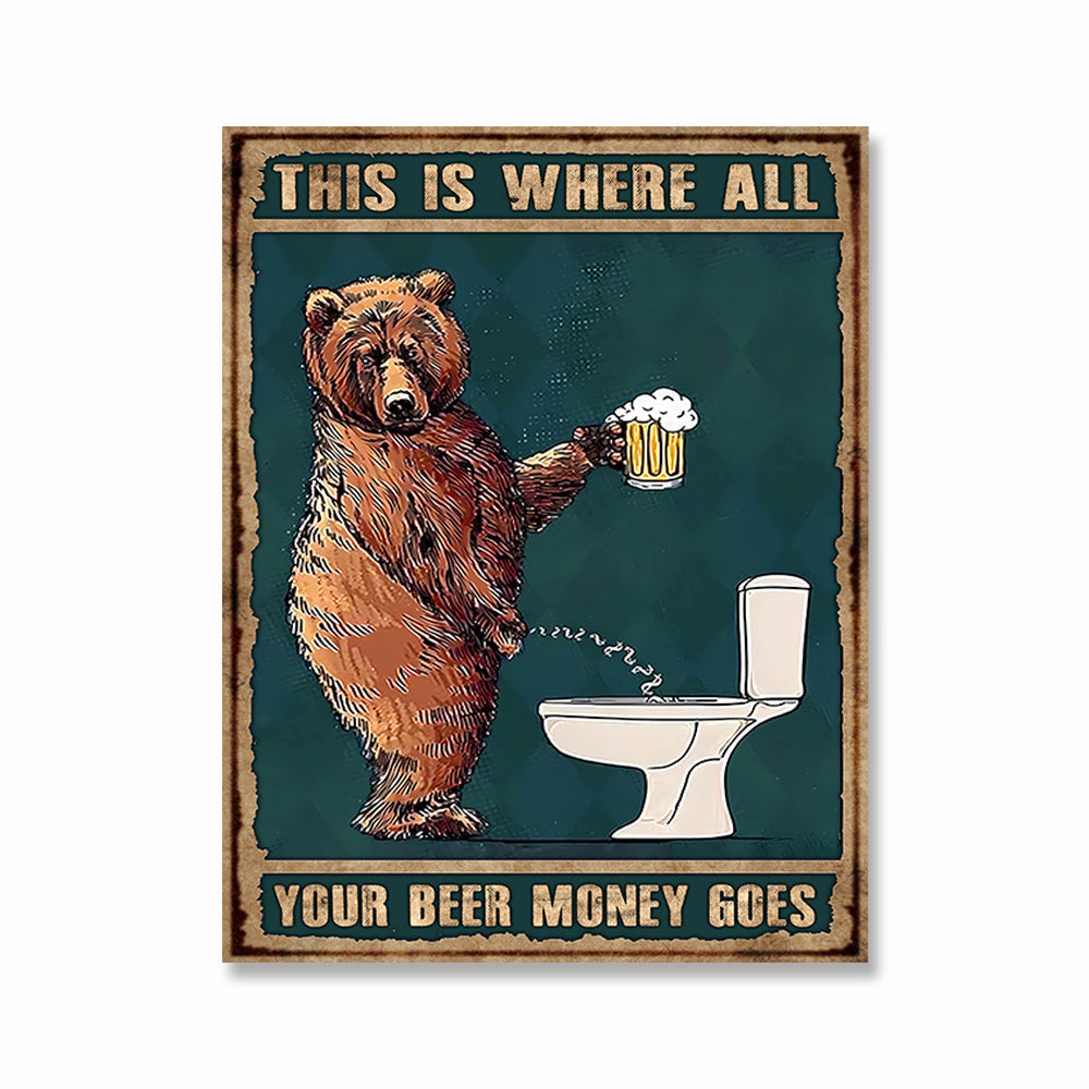 Your Beer Money Goes Grumpy Bear Drinking Beer Canvas Wall Art – Funny Man Cave Decor