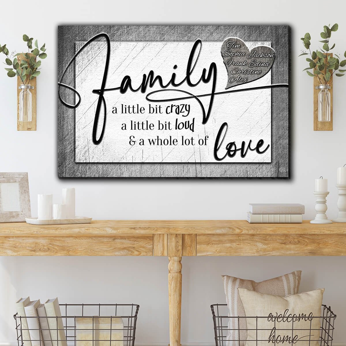 Personalized Family Crazy, Loud, Love Heart Design Canvas Wall Art – Family Home Decor
