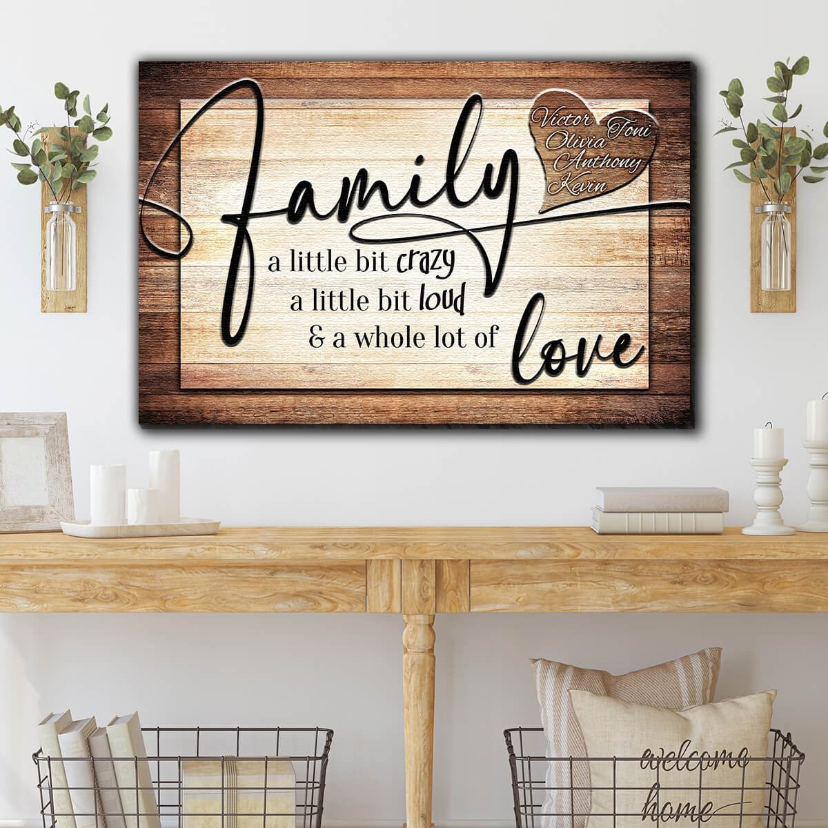 Personalized Family Crazy, Loud, Love Heart Design Canvas Wall Art – Family Home Decor