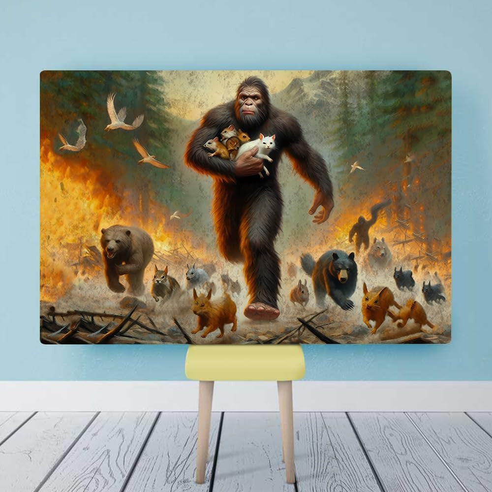 Sasquatch Saves Baby Animals from Forest Canvas Wall Art – Funny Animal Wall Art