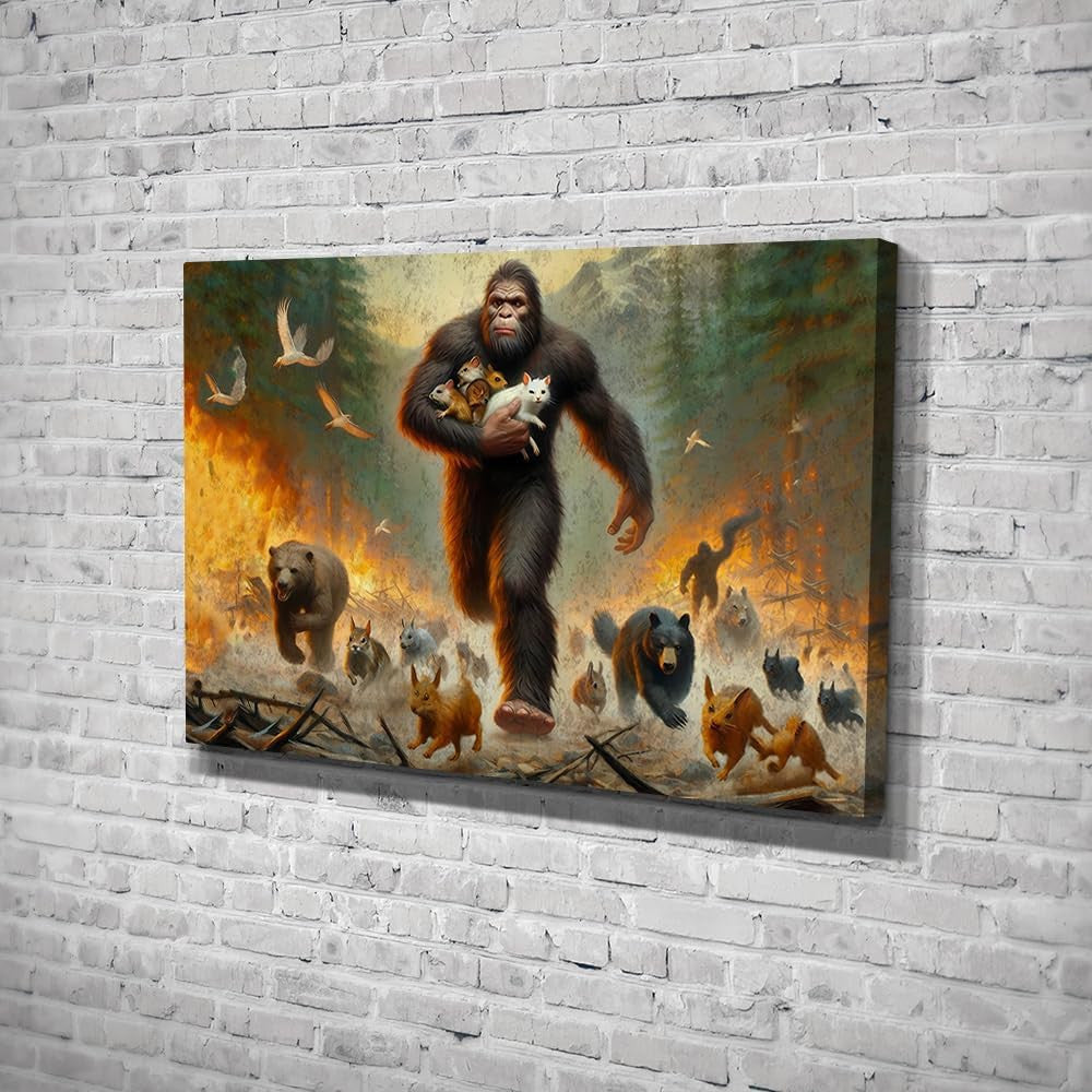 Sasquatch Saves Baby Animals from Forest Canvas Wall Art – Funny Animal Wall Art