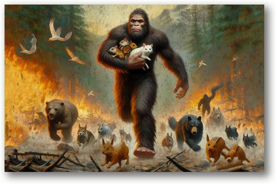 Sasquatch Saves Baby Animals from Forest Canvas Wall Art – Funny Animal Wall Art