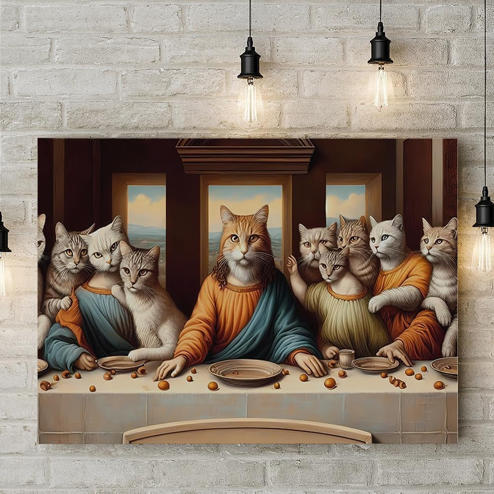 Funny Cat Last Supper Canvas Wall Art – Pet Lover Gift