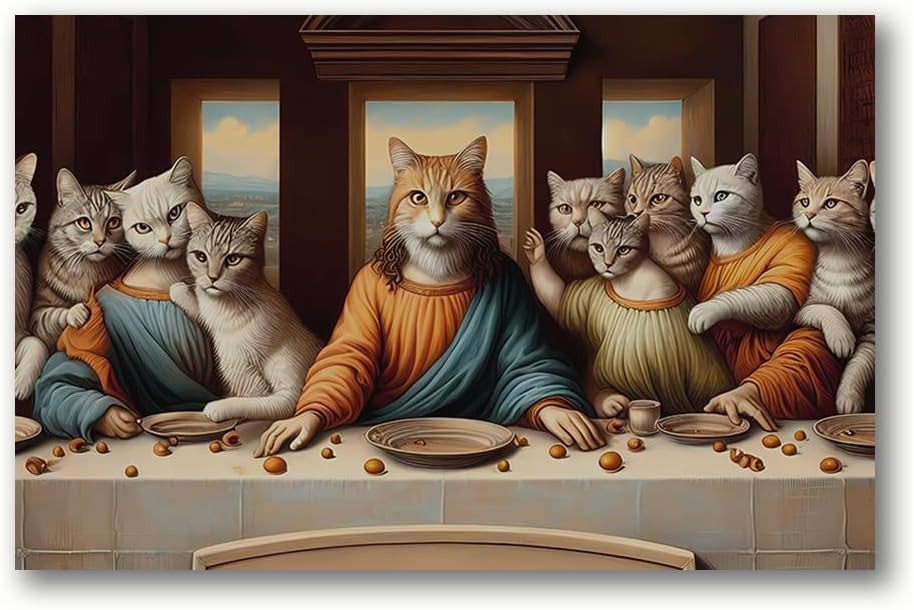 Funny Cat Last Supper Canvas Wall Art – Pet Lover Gift