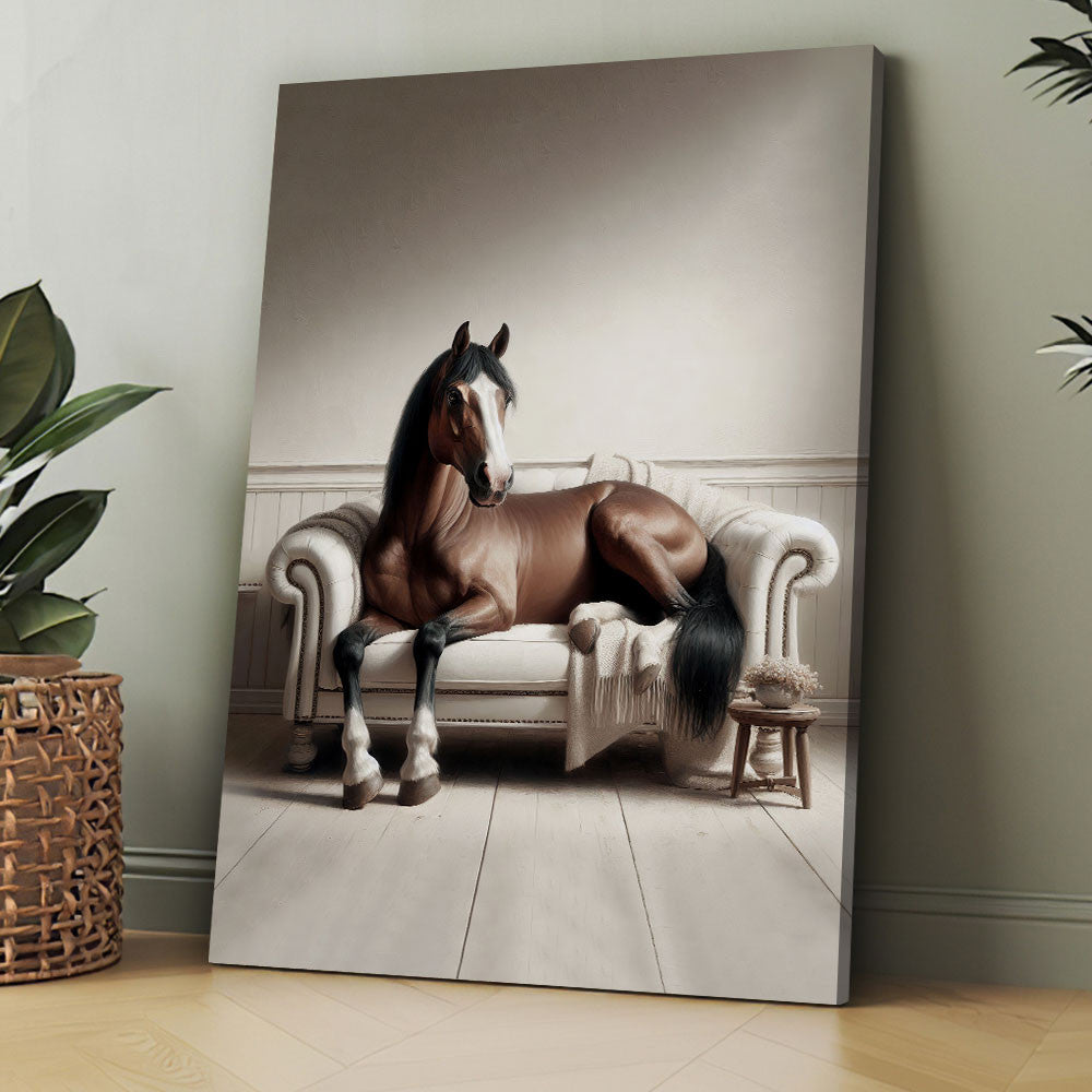 Chic Horse Lounging on Sofa Canvas Wall Art – Funny Animal Wall Art