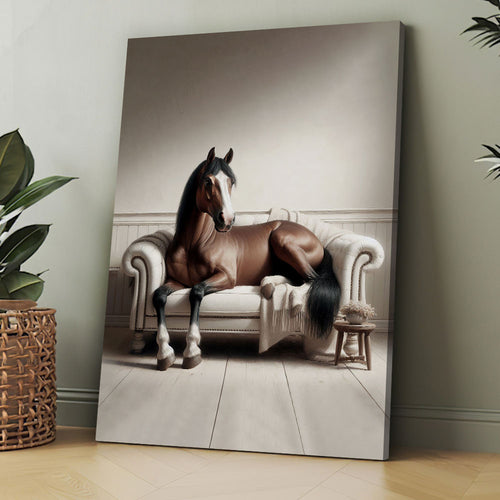 Chic Horse Lounging on Sofa Canvas Wall Art – Funny Animal Wall Art